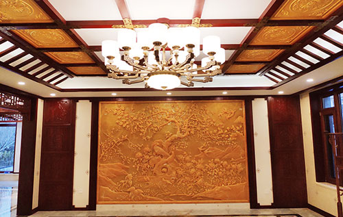 延平中式别墅客厅中式木作横梁吊顶装饰展示
